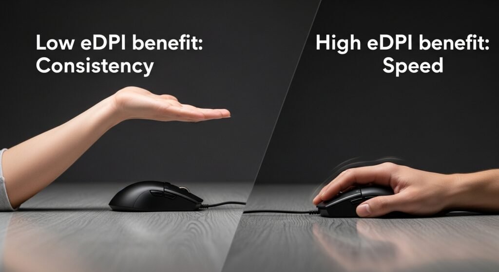 A graphic contrasting two hands/arms on a desk. One hand is making a large arm sweep (Low eDPI benefit: Consistency). The other is making a tiny, quick wrist flick (High eDPI benefit: Speed).