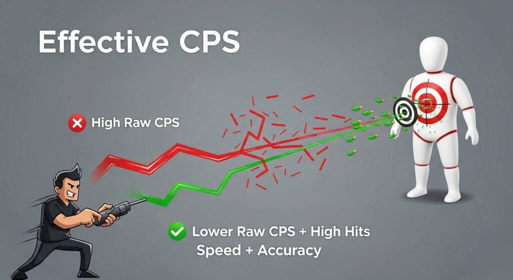A graphic representing "Effective CPS." Show a target dummy with a player aiming. One line shows High Raw CPS but low hits (missing the target). The second line shows Lower Raw CPS but high hits (on target), emphasizing Speed + Accuracy.