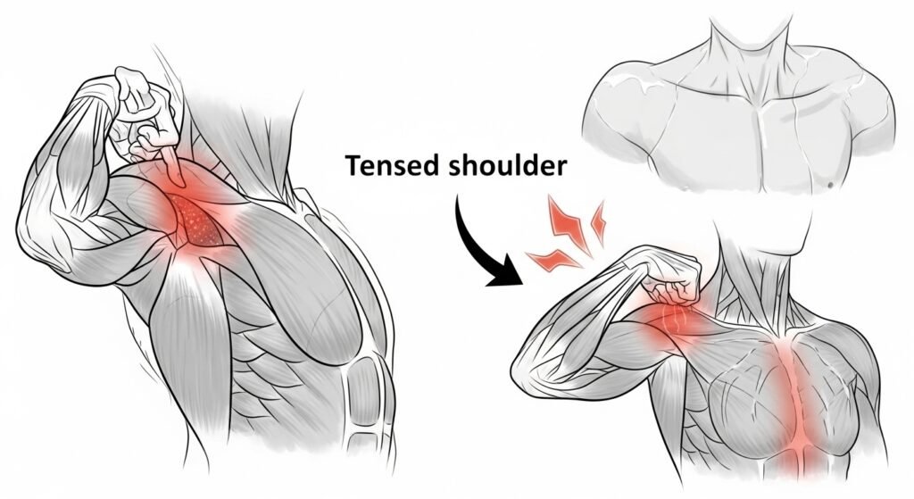 A simple, clear infographic showing a "kinetic chain." An arrow starts at a misaligned chair, leads to a tilted pelvis, then a hunched back, a tensed shoulder, and ends at a bent, pained wrist with a red glow, labeled "Performance Bottleneck."
