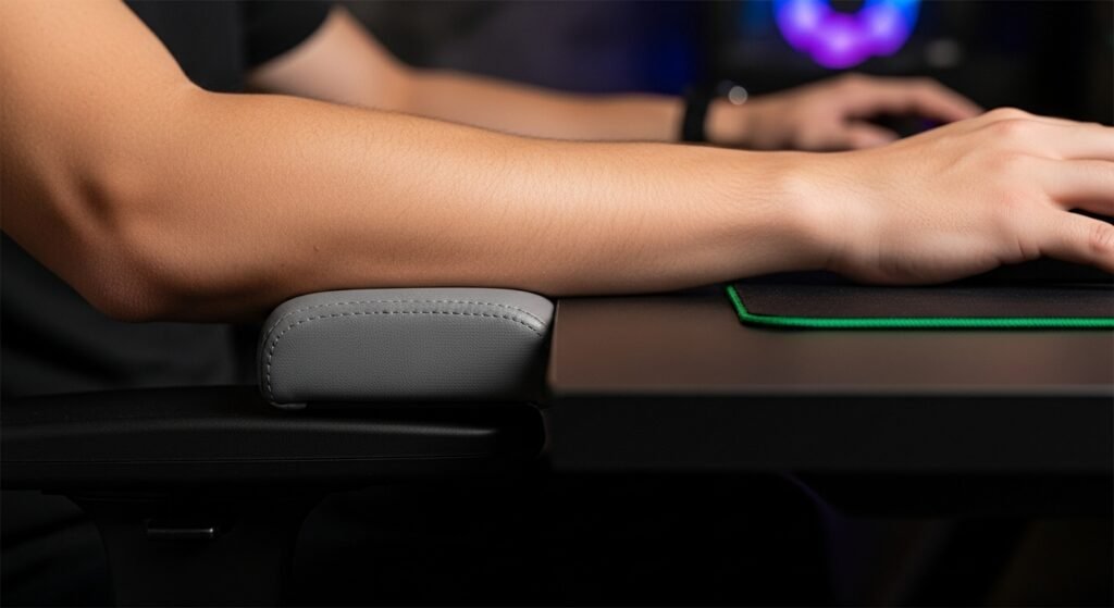 A close-up side view of a gamer's arm. It clearly shows the gaming chair's armrest and the desk surface at the exact same height, creating one large, seamless, supportive platform for the entire forearm, which is at a 90-degree angle.