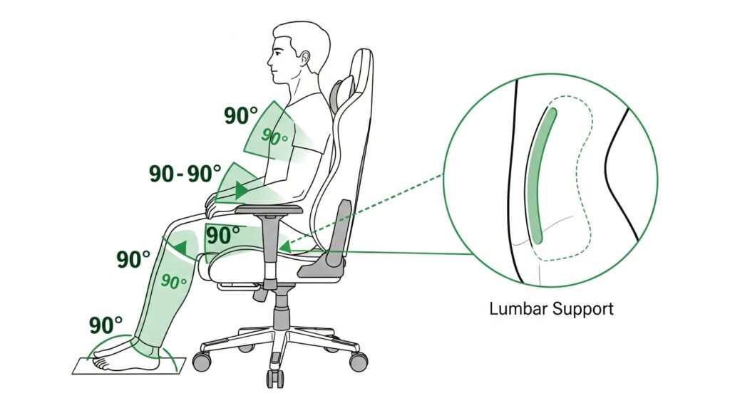A clean diagram of a person sitting in a gaming chair, illustrating the "90-90-90" rule with clear angle markers for the feet, knees, and hips. A separate callout shows the lumbar support fitting perfectly into the lower back's natural curve.
