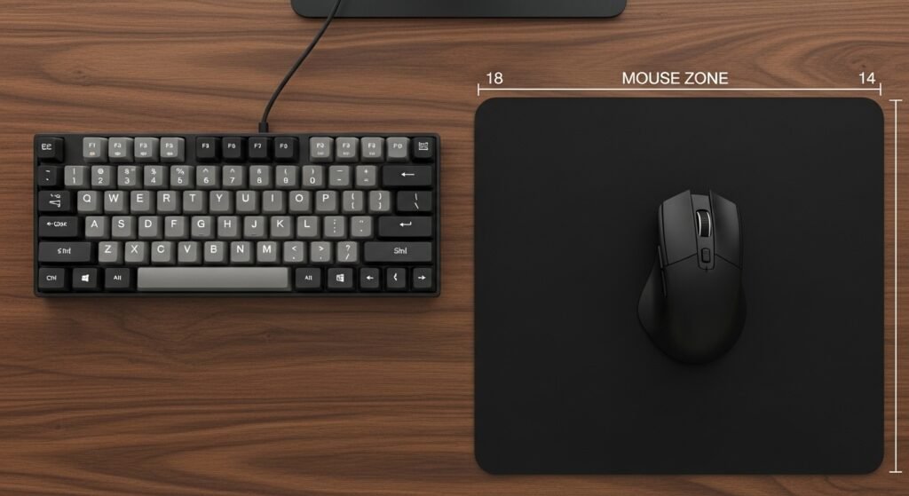 A top-down "overhead" view of a desk. It shows a tenkeyless (TKL) keyboard shifted to the left (so WASD is centered with the shoulder) and a large, open "mouse zone" to the right, allowing the arm to move in a straight, neutral line.