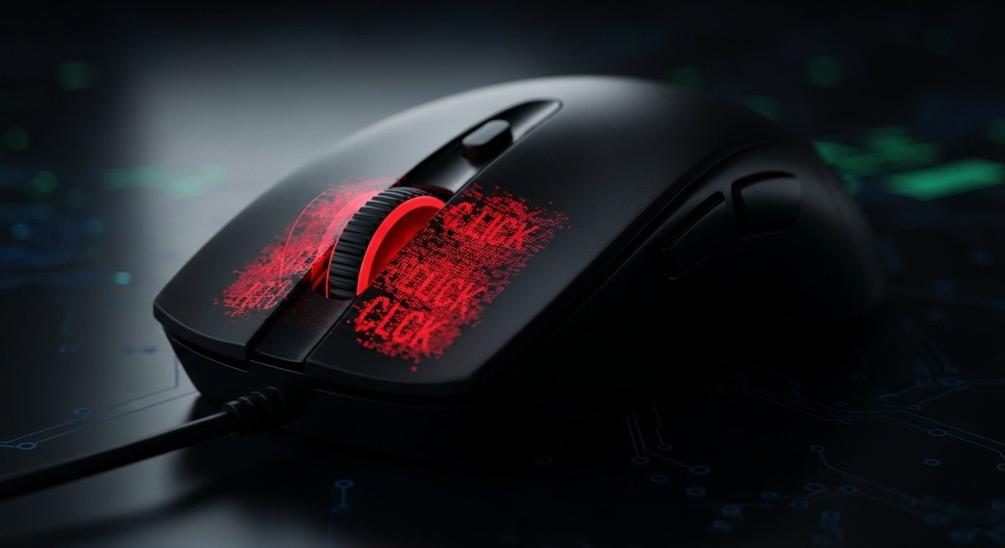 A dramatic shot of a computer mouse with a red, glitching "double vision" effect around the main button, visually representing the phantom double-click problem. The background is dark and tech-focused.