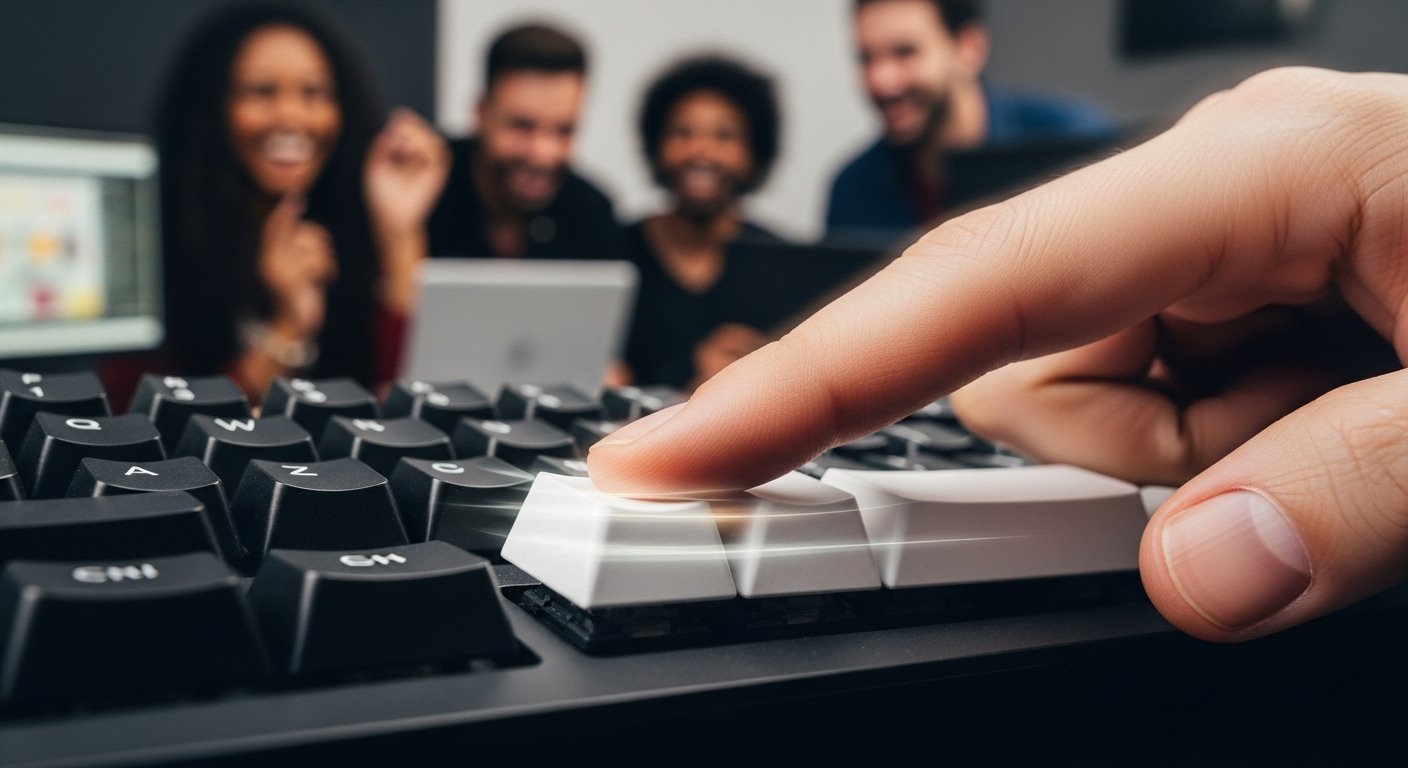 A dynamic, high-angle close-up shot of a hand rapidly tapping the spacebar key of a mechanical keyboard. The image should convey a sense of speed with a slight motion blur on the thumb/finger. The spacebar itself should have a faint, energetic glow around it. The background is a blurred image of a group of friends laughing and looking at computer screens. Energetic, fun, and competitive style.