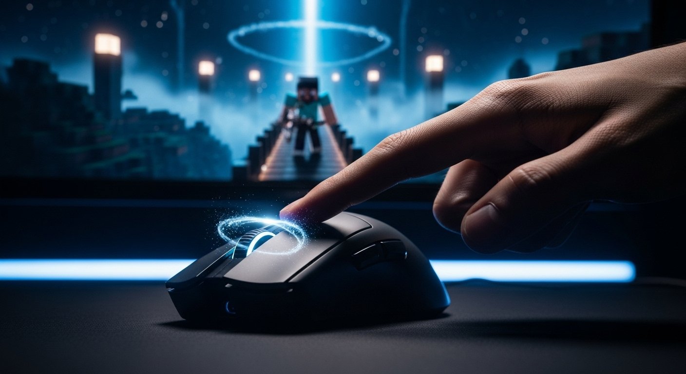 A dramatic, low-angle shot of a hand performing a drag click on a matte-textured gaming mouse (e.g., Roccat Kone). The finger should be leaving a subtle, visible trail of energy or vibration across the mouse button. In the background, a Minecraft player is seen God Bridging across a vast, atmospheric void. Cinematic, dark, and professional eSports style.