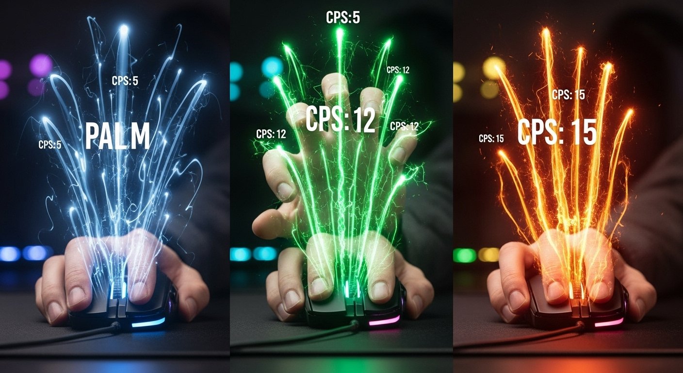 A dynamic, wide-angle shot showing three distinct hands on a gaming mouse, representing Palm, Claw, and Fingertip grips. Glowing energy lines, labeled with CPS scores, burst from each hand, with the Claw and Fingertip lines appearing much brighter and faster.