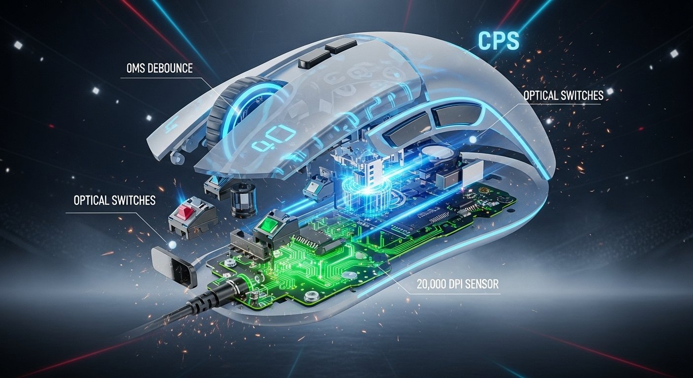 A sleek, futuristic gaming mouse is the central focus, exploding into its components—switch, sensor, lightweight shell—in a dynamic 3D deconstruction. Vibrant energy lines representing high CPS burst from the mouse, with glowing labels like "0ms Debounce" and "Optical Switches" floating beside the parts.