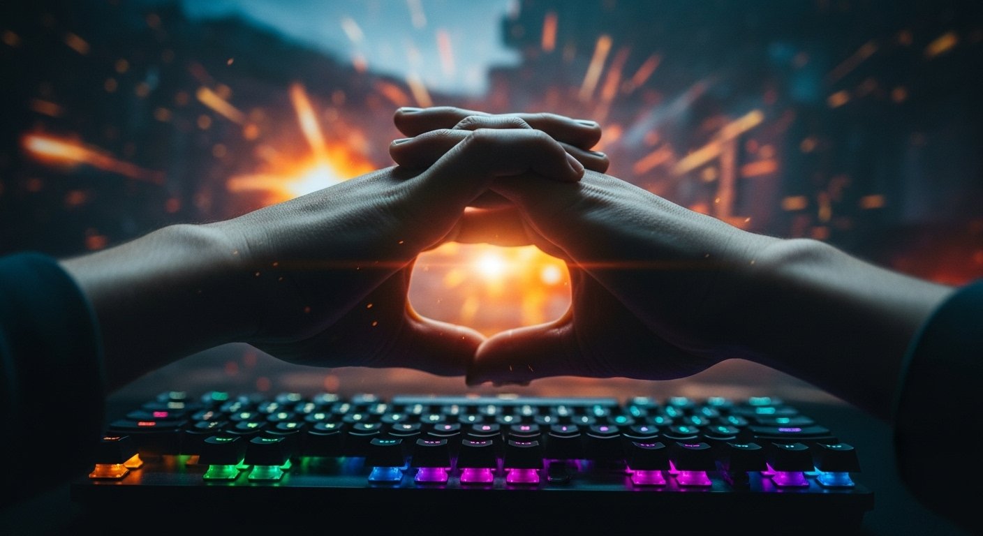 A cinematic shot of a gamer's hands in front of a keyboard, caught in the middle of a "Prayer Stretch." The hands have a soft, energetic glow, and the background is a blurred, high-action game scene, perfectly blending performance and health.