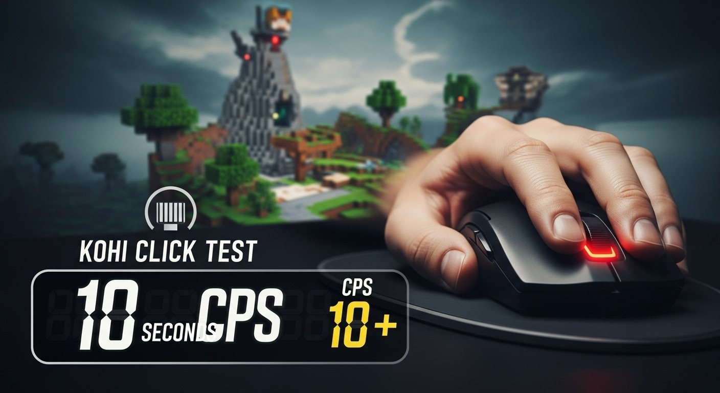 A dramatic, stylized image of a hand performing a high-speed click on a mouse. In the background, a legendary Minecraft PvP arena or map (e.g., a Kohi Hard Core Factions setting) is blurred but visible. Overlay a prominent digital stopwatch graphic counting down from 10 seconds and a high CPS score (10+), symbolizing the Kohi Click Test. Dark, nostalgic, and competitive gaming aesthetic.