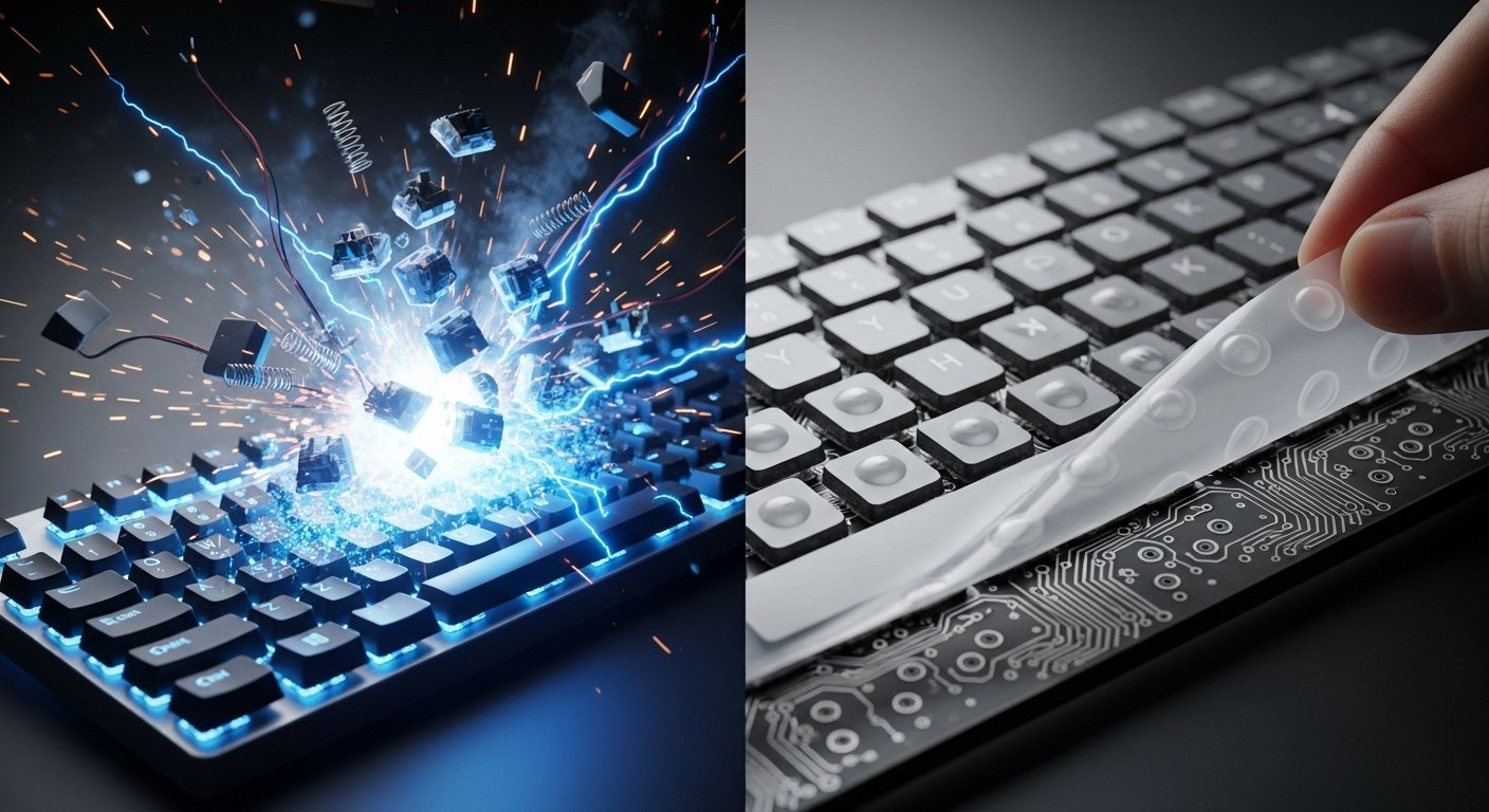 A dramatic split-screen image. The left side shows a mechanical keyboard exploding into its individual, glowing switches. The right side shows a membrane keyboard with its single rubber dome sheet peeling back to reveal the circuits below. The style is high-tech and cinematic.