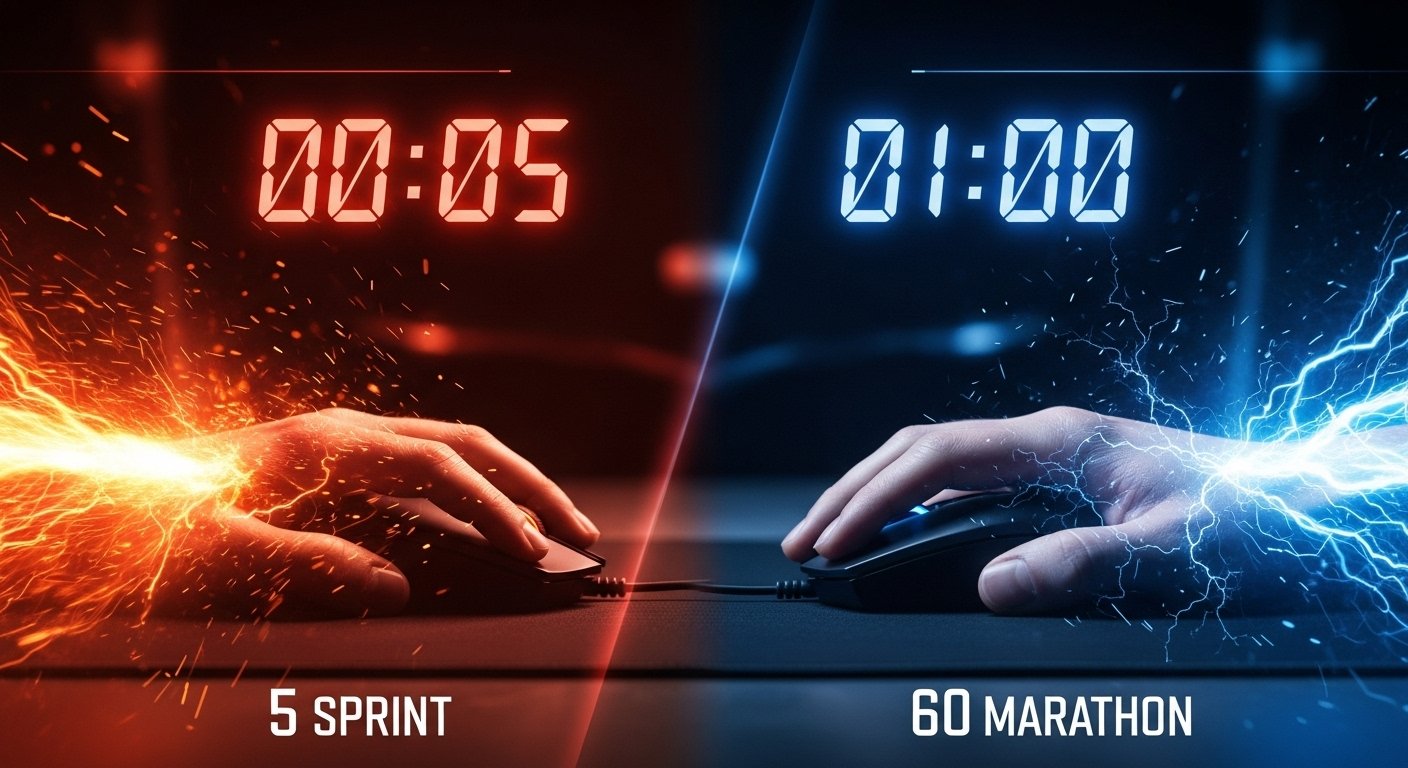 A cinematic, split-screen showdown. On the left, a gamer's hand is a blur of motion over a mouse, with an explosive, fiery energy representing a 5-second sprint. On the right, a gamer's hand is calm and focused, with a steady, electric blue energy representing a 60-second marathon. The background is a dramatic digital timer interface.