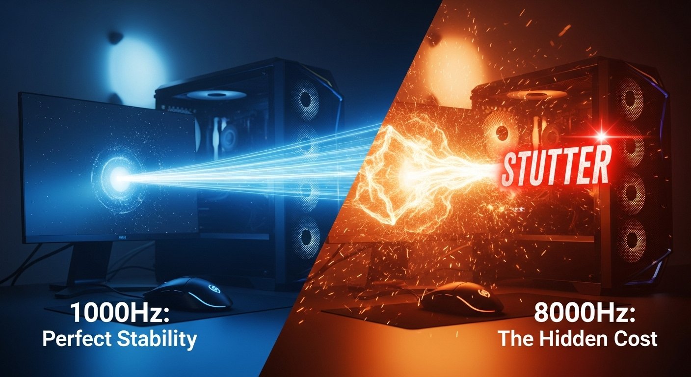 A cinematic, split-screen image. On the left, a smooth, clean stream of data flows from a gaming mouse to a computer, labeled "1000Hz: Perfect Stability." On the right, a massive, chaotic flood of data overwhelms the computer, causing a "stutter" icon to appear, labeled "8000Hz: The Hidden Cost."