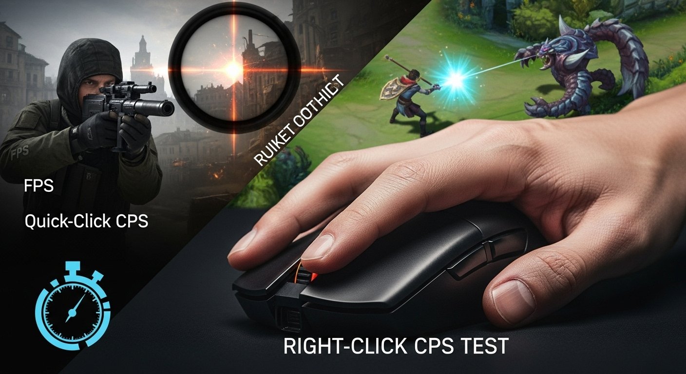 A dramatic, close-up shot of a hand in a focused claw/fingertip grip on a high-end gaming mouse. The middle finger is positioned perfectly on the right mouse button, ready to click. The background is a split image: one side shows an intense FPS quick-scope scene, and the other shows a character kiting a monster in an RPG/MOBA. A small, stylized graphic of a stopwatch should be visible, emphasizing the speed of the Right-Click CPS Test. High-contrast, dark, and competitive gaming aesthetic.
