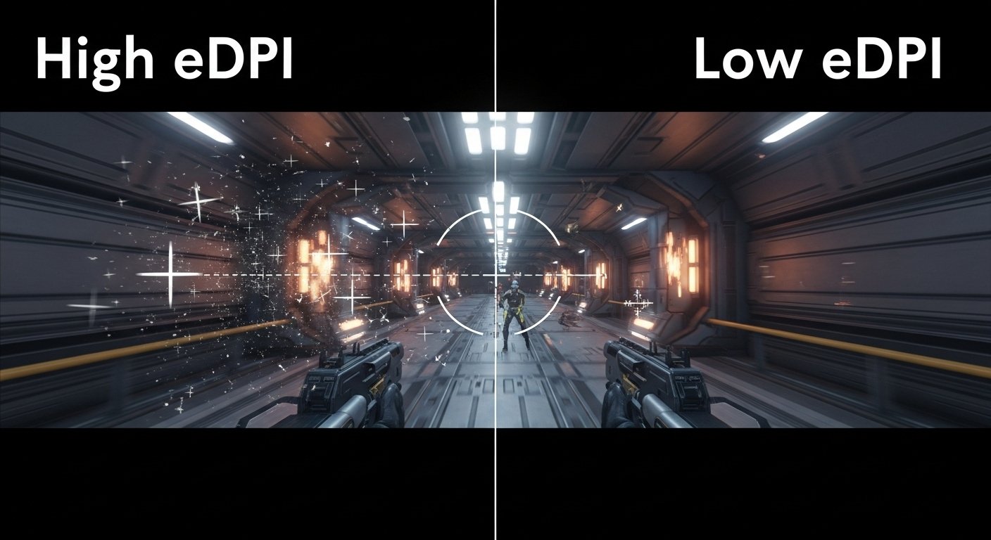 A split-screen image showing two gamers' perspectives. The left side, labeled "High eDPI," shows a chaotic, blurry first-person view with a wildly shaking crosshair. The right side, labeled "Low eDPI," shows a crisp, clear view with a perfectly stable crosshair locked onto a target.