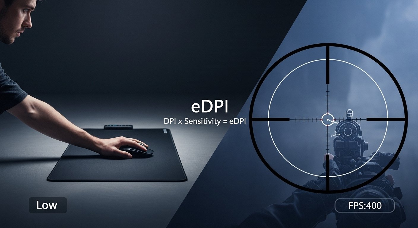 A dramatic, split-screen image. On the left: a gamer's hand making a large, sweeping arm movement on an extended mousepad (representing Low eDPI). On the right: a close-up of a crosshair perfectly locked onto a target in an FPS game. Overlay a graphic of the eDPI formula (DPI x Sensitivity = eDPI). Use a clean, futuristic, UI-driven aesthetic to illustrate the precision of the settings.