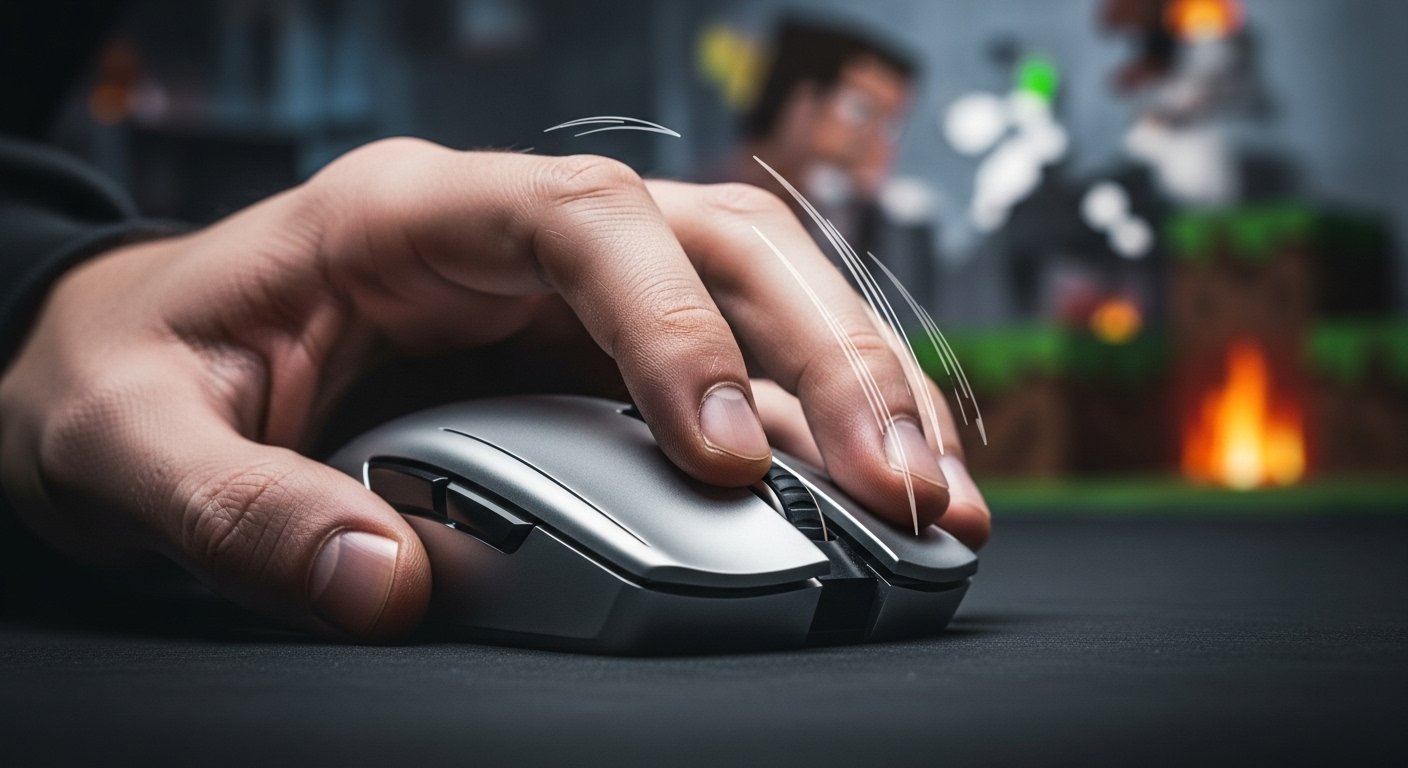A dramatic, close-up shot of a gamer's hand in a focused claw grip, with the index and middle fingers slightly arched, rapidly drumming on a sleek, wide gaming mouse button (like a Glorious Model O/D). The motion should be visualized with a subtle, rapid 'after-image' effect, implying speed. The background is a blurred but intense Minecraft PvP scene. High-contrast, eSports photography style.