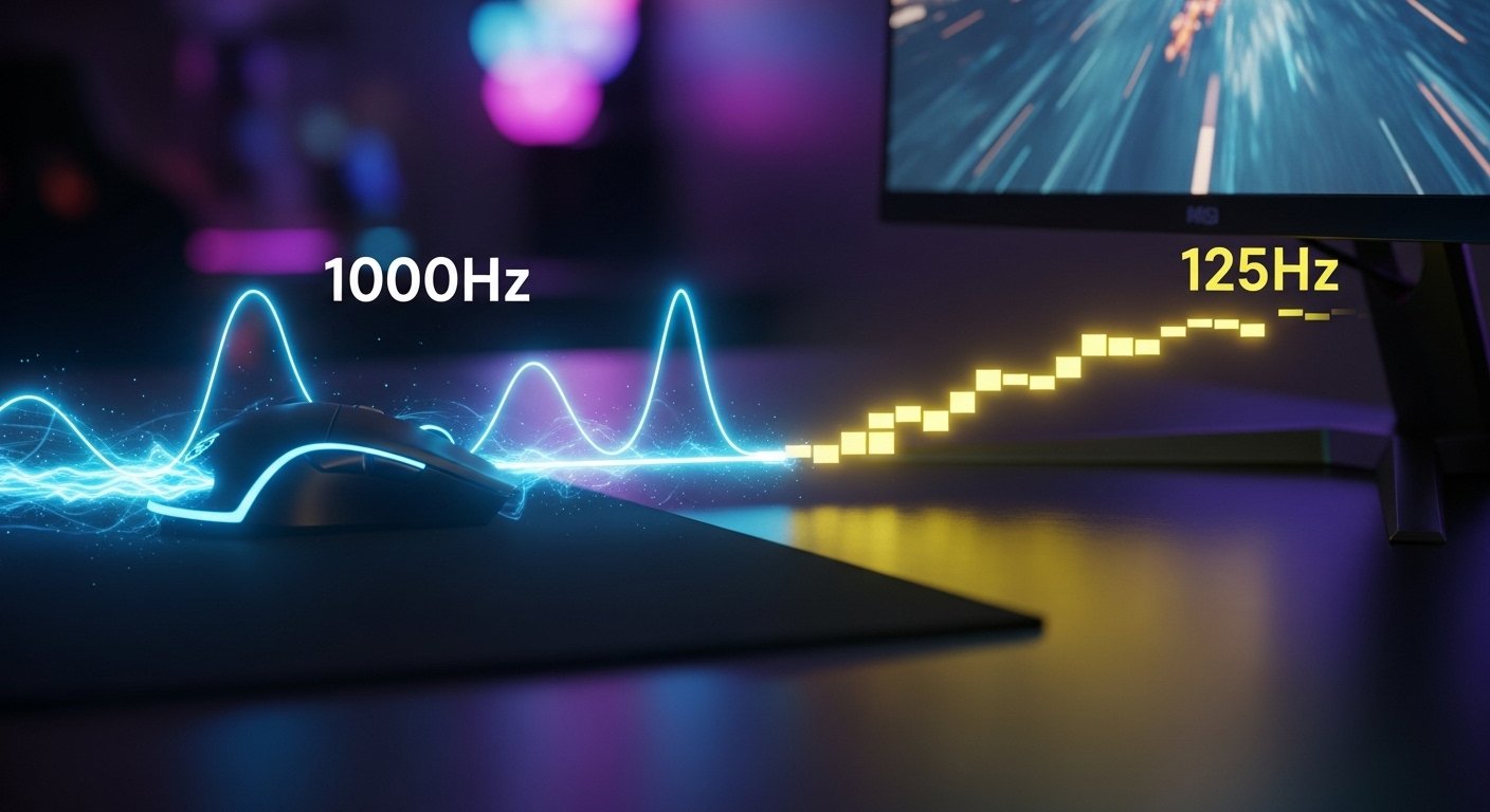 A dynamic image showing a smooth, glowing line of light traveling from a gaming mouse to a computer screen, representing a 1000Hz signal. In contrast, a separate, faint, and blocky dotted line represents a 125Hz signal, visually showing the difference in smoothness and data transmission.