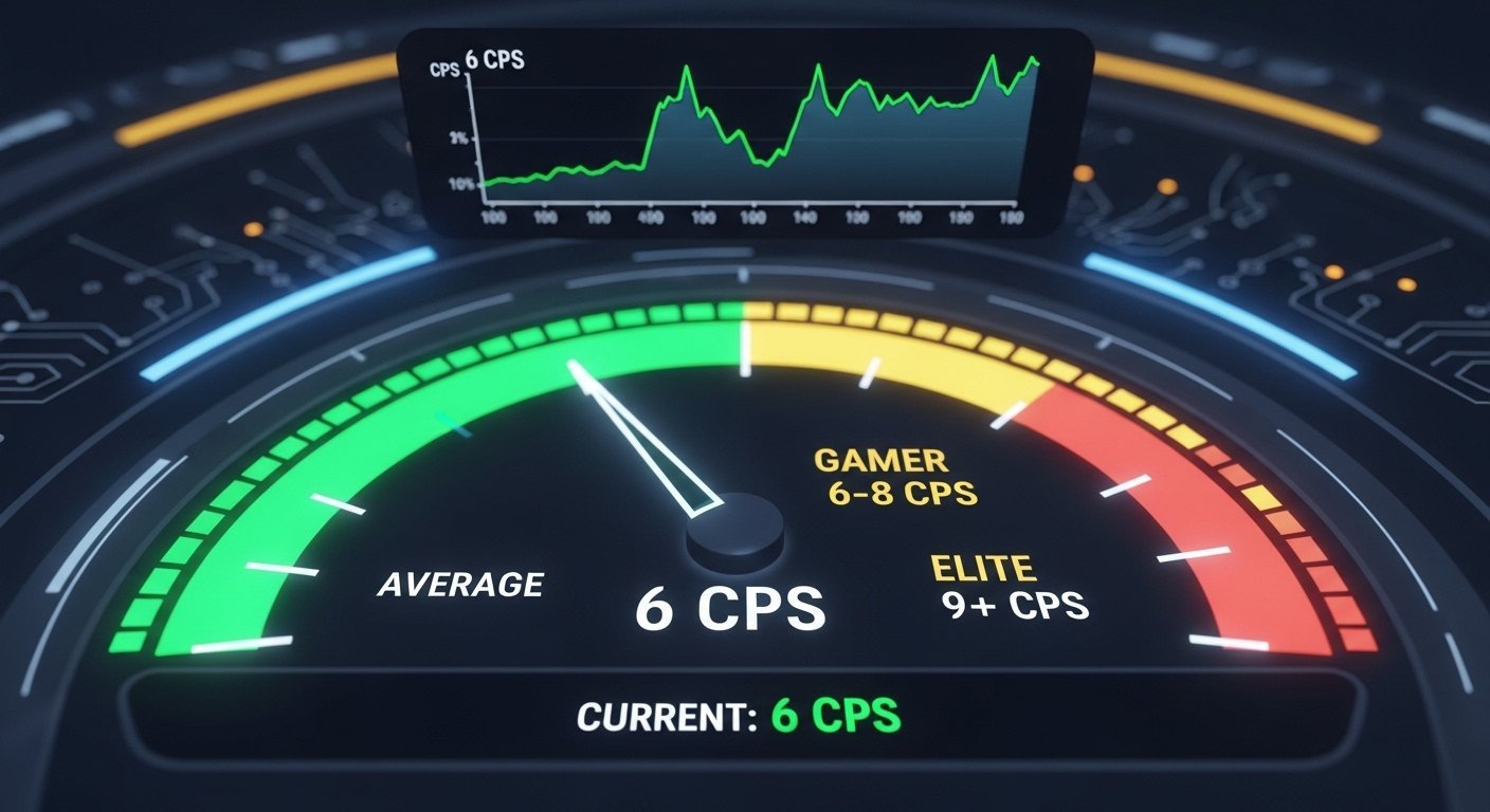 A dynamic dashboard-style image with a large, glowing speedometer in the center. The needle points to "6 CPS" in a green zone labeled "Average." The speedometer also shows a yellow zone for "Gamer" (6-8 CPS) and a red zone for "Elite" (9+ CPS).